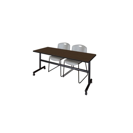 Regency Kobe 72 x 24 in. Flip-Top Training Nesting Table- Neo Walnut 2 Zeng Stack Chairs- Grey