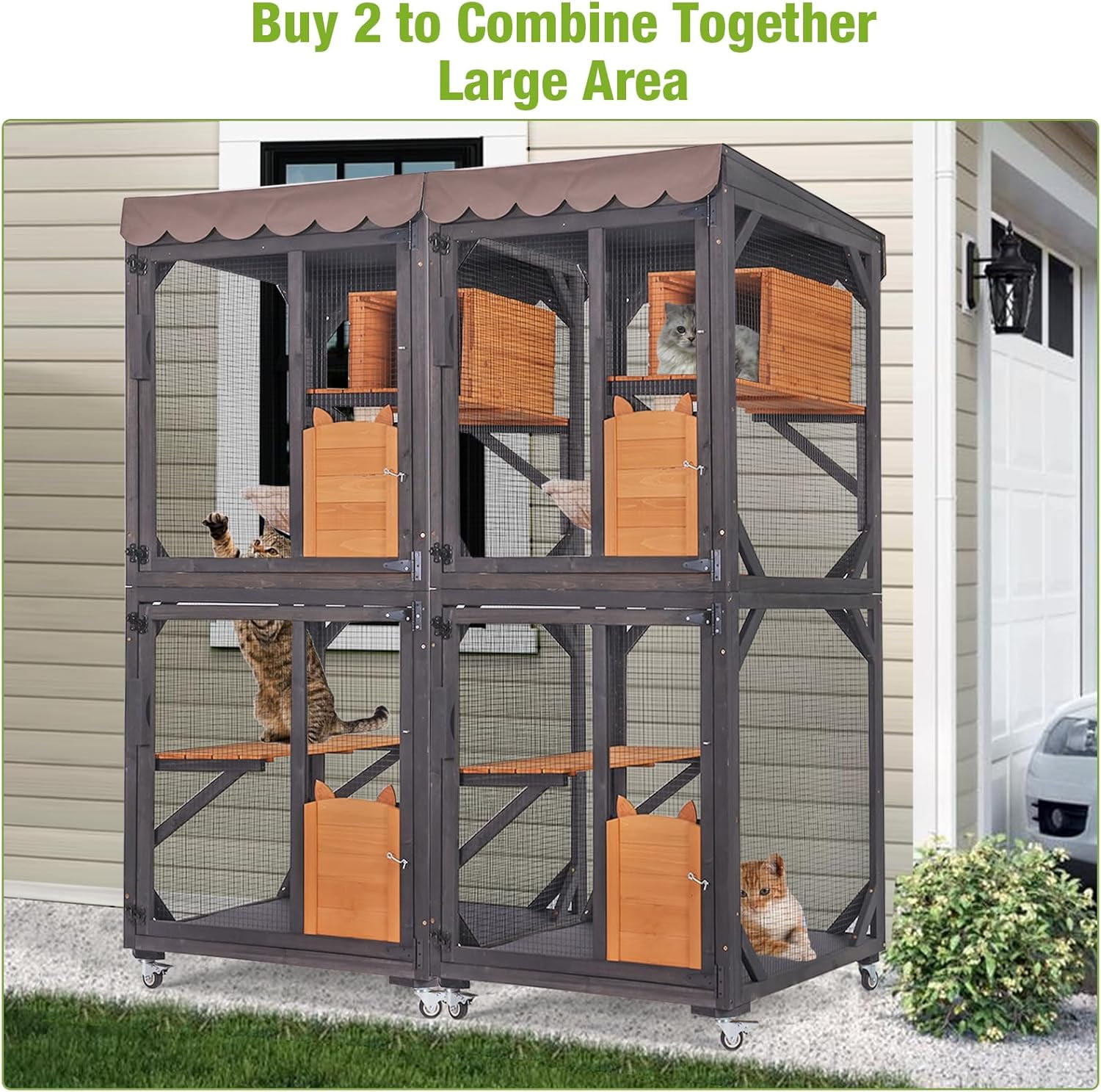 MEDEHOO Catio Outdoor Cat Enclosure Mobile Cat House Indoor On Wheels with Scratch Post,Hammock,Resting Box,Platform,Tarp Roof 71.9"
