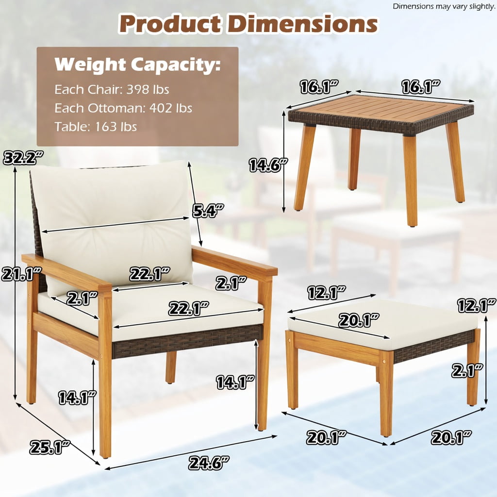 Hommoo 5-Piece PE Rattan Outdoor Furniture Set with Square Coffee Table & Matching Ottomans, Acacia Wood Frame, Weather-Resistant Wicker Patio Set for Backyard, Poolside & Porch, White