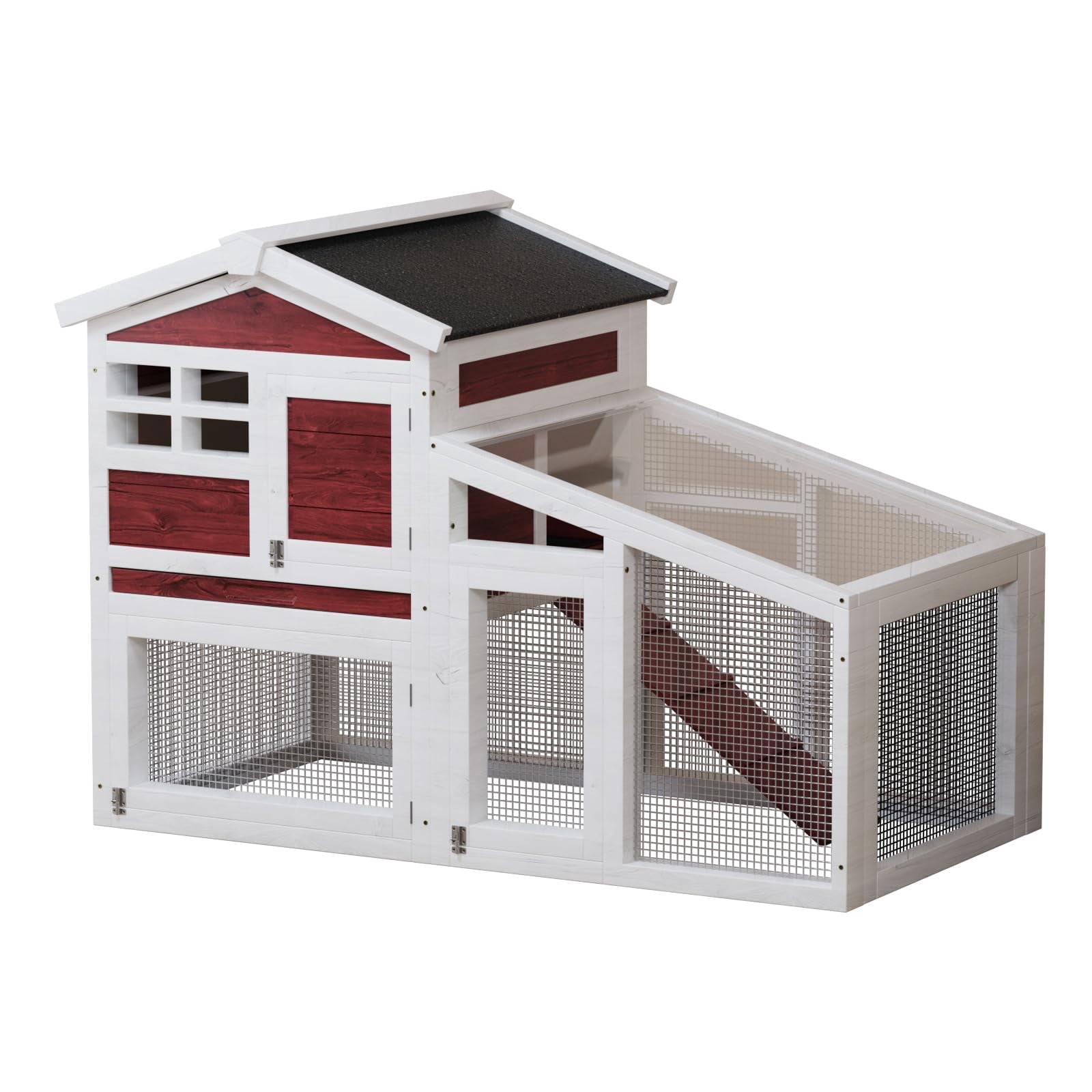 2-Tier Weatherproof Wooden Small Animal Cage - Anti-Chew Metal Ramp, Leak-Proof Tray, Spacious Run, Ventilation - Indoor Outdoor Rabbit Hutch for Rabbits, Guinea Pigs, Rabbit - Rufous White