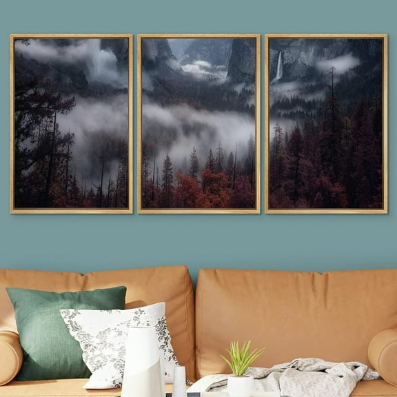 PixonSign Framed Wall Art Set Foggy Red Pine Forest Home Artwork Nature Noun Trees Wilderness Print Wall Decor Chic Scenic Modern Art for Living Room, Bedroom, Office - 24"x36"x3 Natural