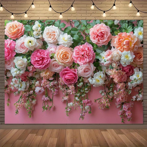 Pink and Peach Floral Backdrop Roses Wedding Bridal Shower Wedding Flowers Photography Background Baby Girl Birthday Party Portrait Dessert Cake Table Decor Photo Booth Studio Props