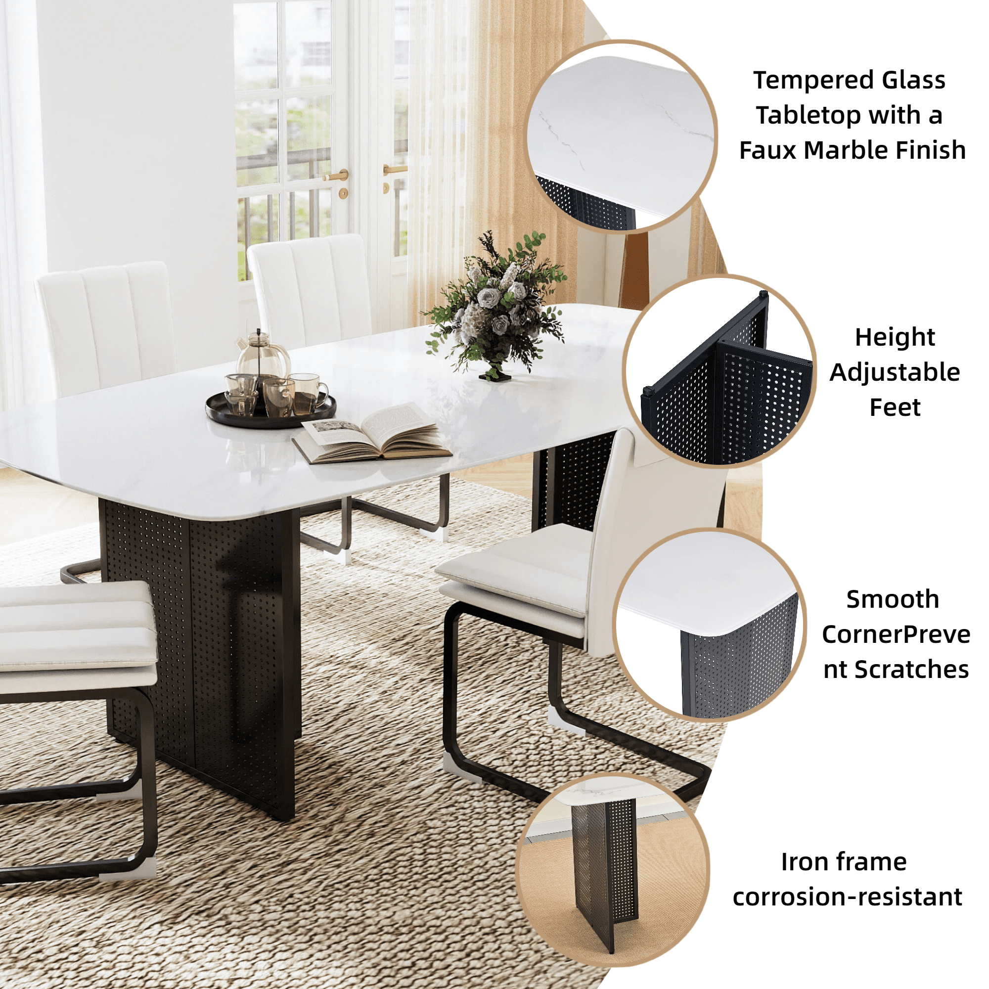 Euroco 51.2inch Glass Dining Table for 6,Rectangular Kitchen Table with Marble-Patterned Design and Metal Legs for Kitchen Living Room,White
