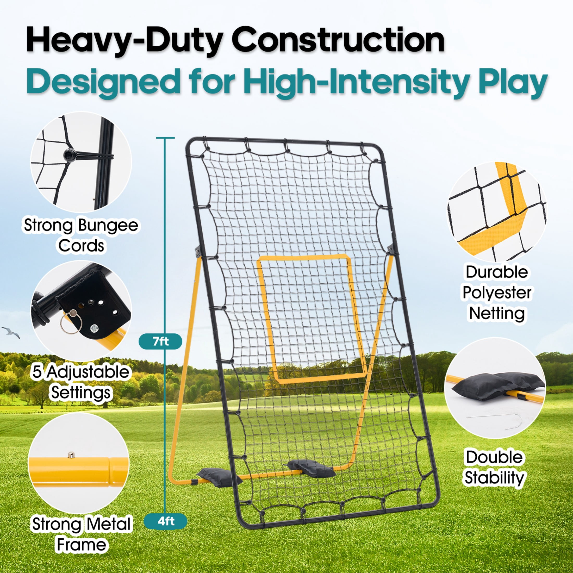 SHOUFTW 7x4 ft Volleyball Rebounder Net-Multi-Sport Training Bounce Back Net with Carry Bag, 5 Angle Adjustments for Indoor & Outdoor Practice, Black Yellow