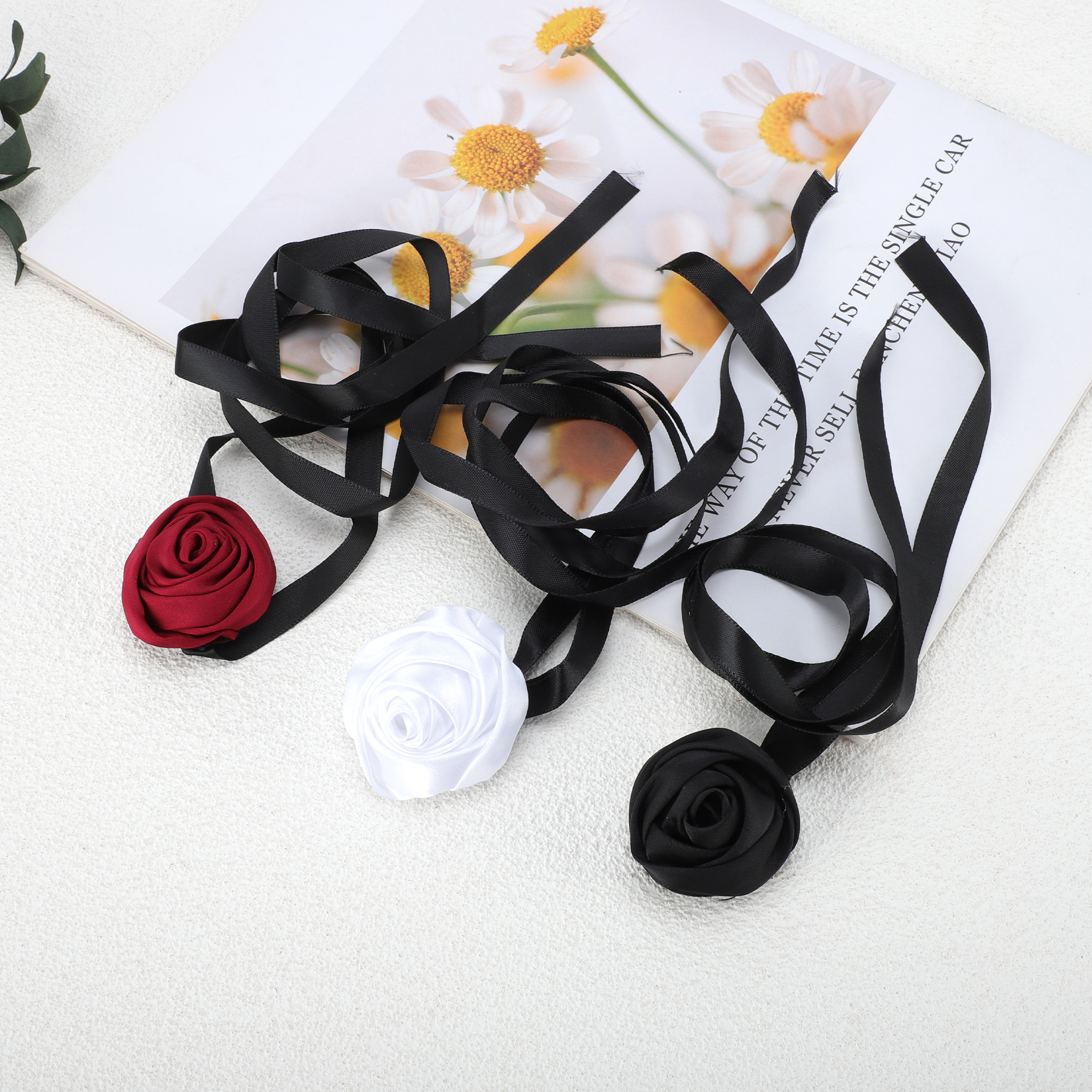 Unique Bargains Satin Rose Tie Choker Necklace White, Black