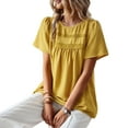 thumbnail image 1 of Top de manga corta con cuello redondo para mujer, blusa elegante informal holgada de Color puro con encaje de lunares suizos, 1 of 6