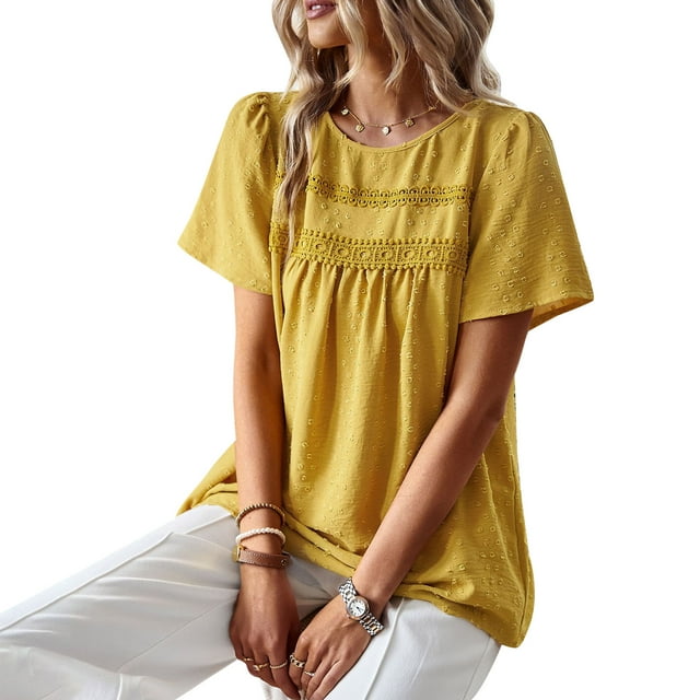 Top de manga corta con cuello redondo para mujer, blusa elegante informal holgada de Color puro con encaje de lunares suizos