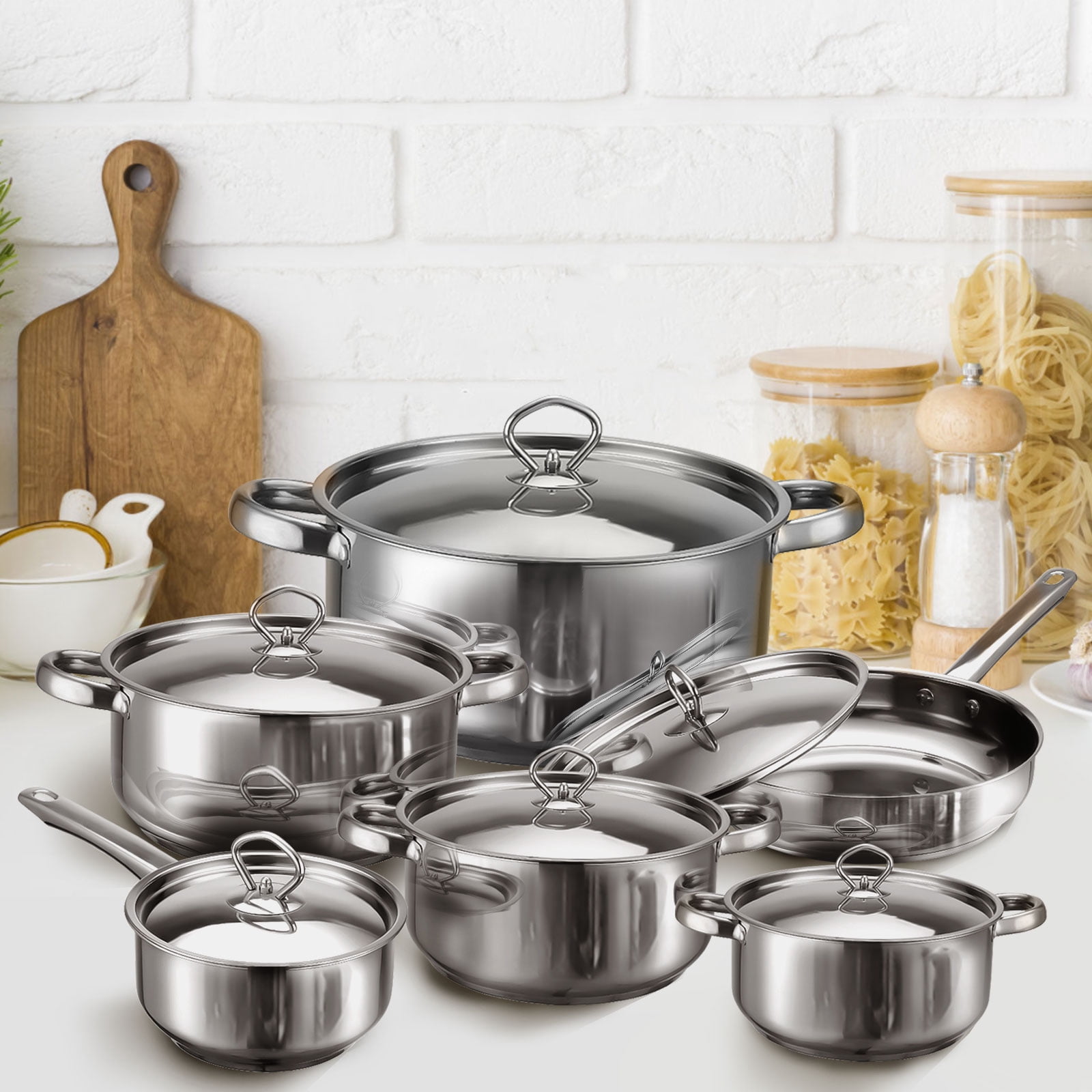 Bestdin 12 Pieces  Cookware Set Nonstick, Stainless Steel Pots and Pans Set for Kitchen with Frying Pan, Sauce Pan, Pots and Pans for Cooking, Dishwasher Safe, Silver