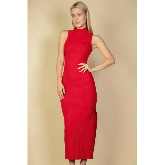Ribbed Mock Neck Side Slit Sleeveless Bodycon Maxi Dress