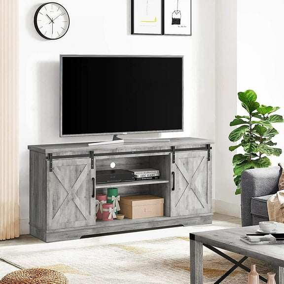 Modern Farmhouse Sliding Barn Door TV Stand, TV Stand for 65" Television, 59" Entertainment Center TV Console, Home Living Room Storage Table with Movable Shelf