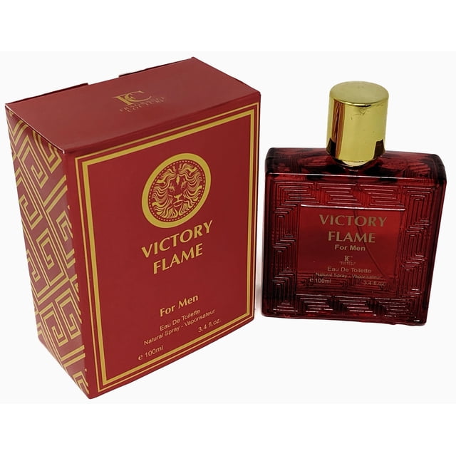 fragrance couture victory flame hombre eau de toilette 100 ml perfume para hombre botella cuadrada roja con relieve geométrico y tapa dorada junto a su caja roja con detalles dorados, vista frontal 100 ml.