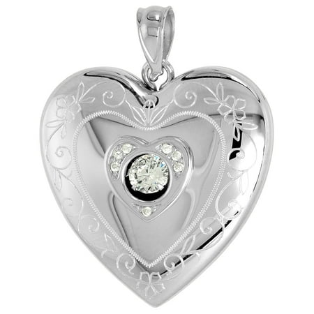 Scroll Heart - Sterling Silver Cubic Zirconia Dancing Diamond Heart Locket Pendant for Women Scroll Etching 1 inch NO CHAIN