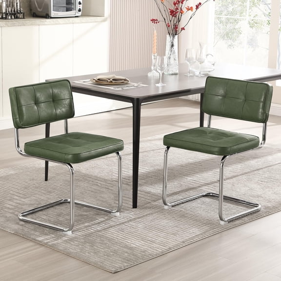 Contemporary Metal Dining Chairs Set of 2, Upholstered Faux Leather Seats with Stainless Steel Frame, Breuer Inspired Mid Century Design for Kitchen & Dining Room, Green