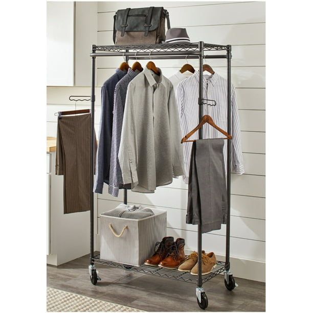 Farmhouse Gray Wood and Metal Garment Rack, Freestanding Double Rod