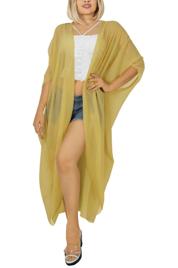 Women's Chiffon Summer Beach Open Front Holiday Kimono Beachwear Duster Cardigans 3X-4X Beige, Solid
