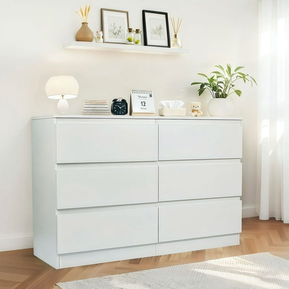 LLUMAMIN 6 Drawer Dresser, Modern Wood Chest of Drawers with Concealed Handles, TV Stand Large Storage Organizer for Bedroom, Living Room, White, 47.2" L x 15.8" W x 30.9" H