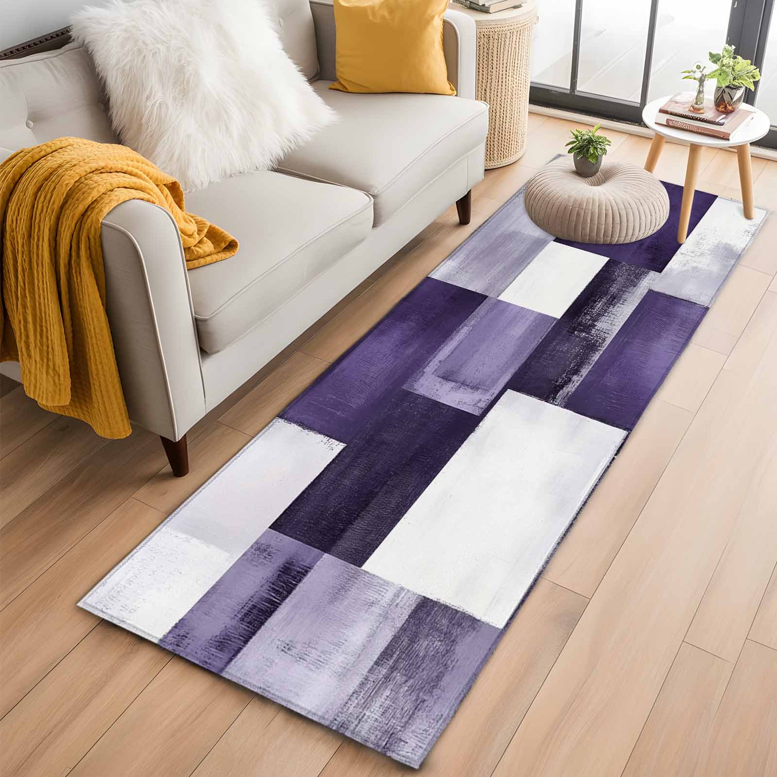 Non-Slip Rug Pad Rugs Geometric Purple White Graffiti Rectangle Area Rugs 2x6Ft Soft Carpet Pads for Living Room Kids Room Abstract Color Block