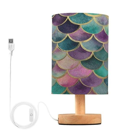 WOBOGO Mermaid Scales Bedroom Table Lamp USB Power Connector Wooden Base Round Linen Shade For Living Room Desk