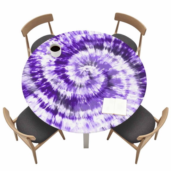 Purple Ombre Fitted Tablecloth with Elastic Edged, Round Table Cloth for Dining Table, Modern Abstract Tie Dye Painting Art Waterproof Oil Proof Table Cover for Indoor Outdoor 55"-60"