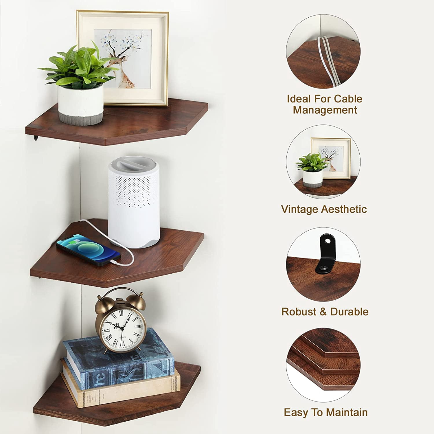 Set of 3 Floating Corner Shelves, Burnt Brown Wall Mounted Wood Shelves