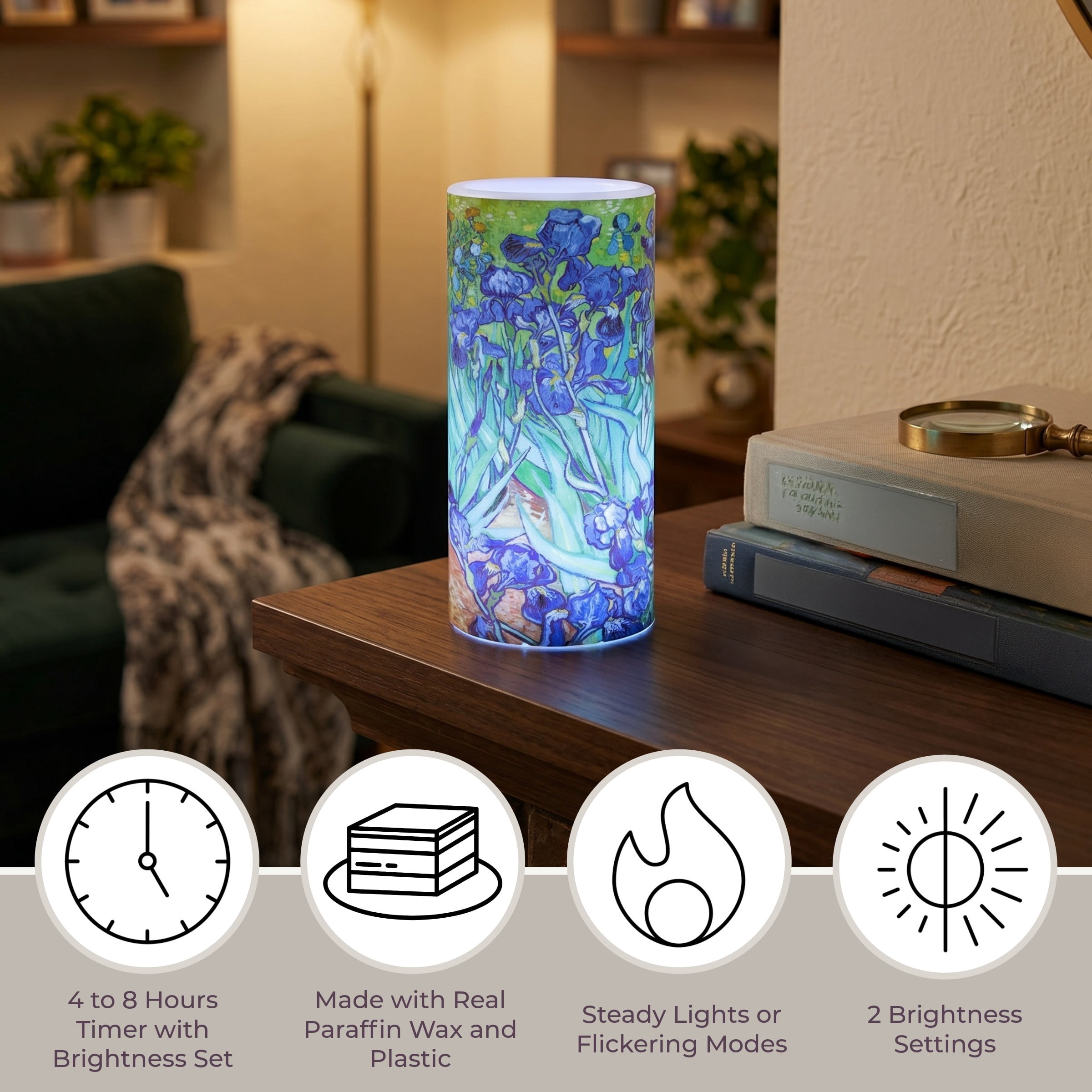 Lavish Home Flameless Candle - Van Gogh Irises Battery Operated LED Candle with Remote