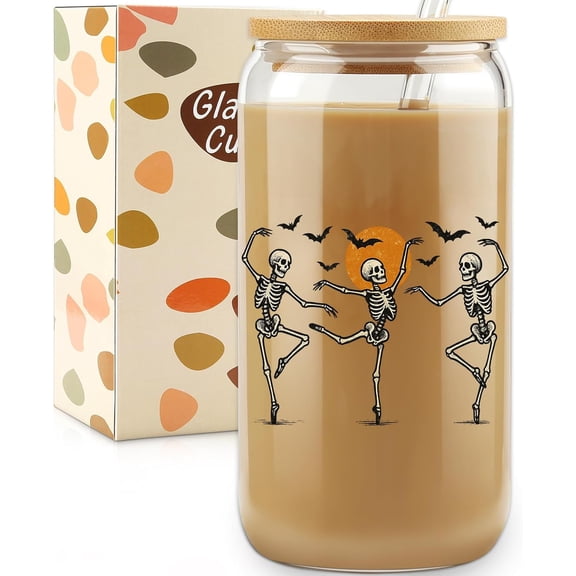 Halloween Skeleton Glass Cup, Halloween Trick or Treat Tumble, 16Oz Iced Coffee Glass Cups with Lids and Straws, Cute Skull Party Desk Decorations Gifts, Large Glass Storage Jar