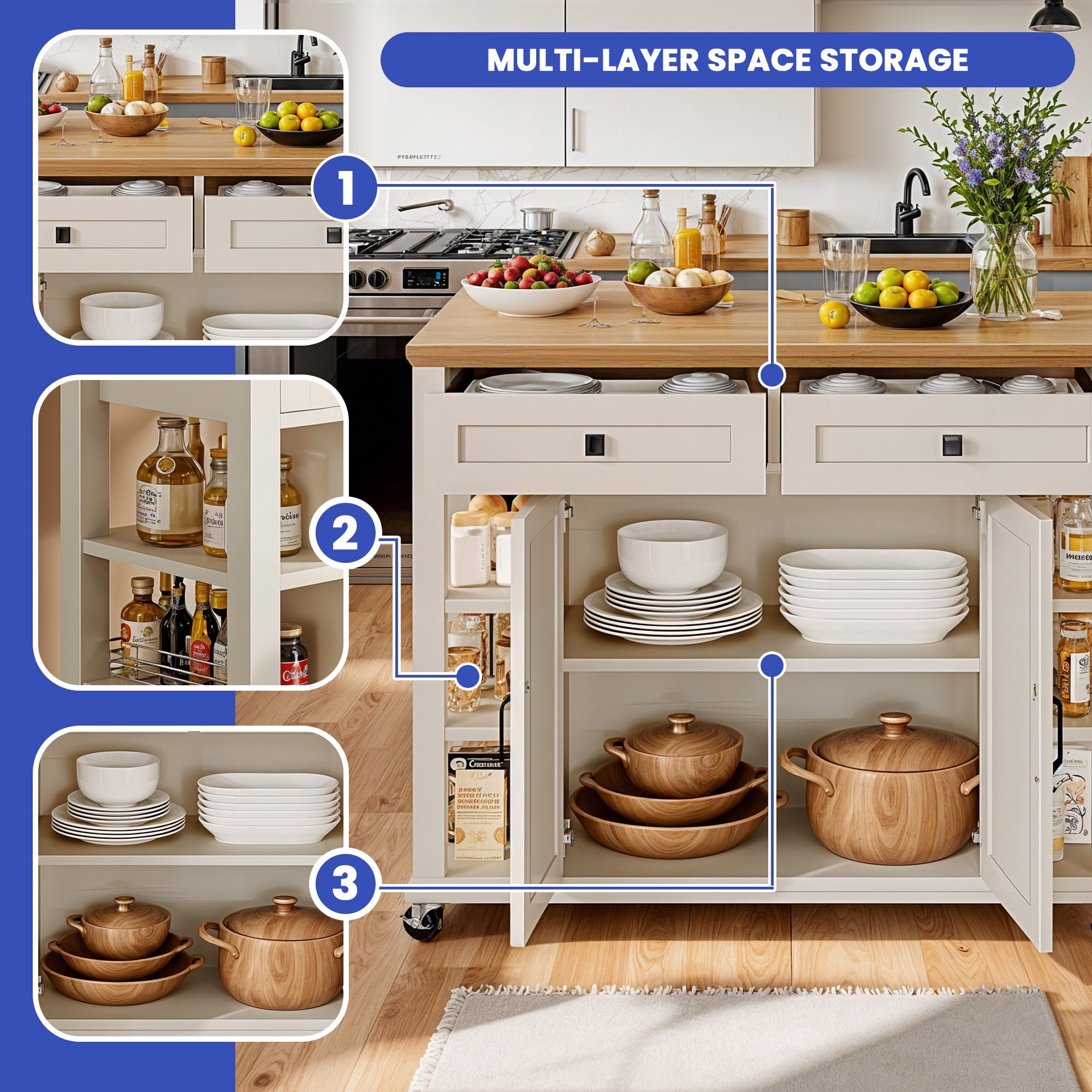 ModFusion 45" Kitchen Island Cart Drop Leaf Power Outlet Rolling Storage Cabinet Drawers Side Shelves