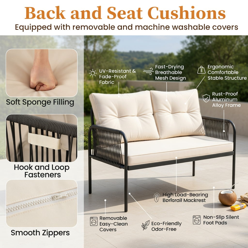 Hommoo 3-Piece L-Shaped Patio Furniture Set, PE Rattan Sectional Sofa with Beige Cushions, Tempered Glass Coffee Table, Outdoor Lounge Set for Deck, Balcony & Poolside, Beige