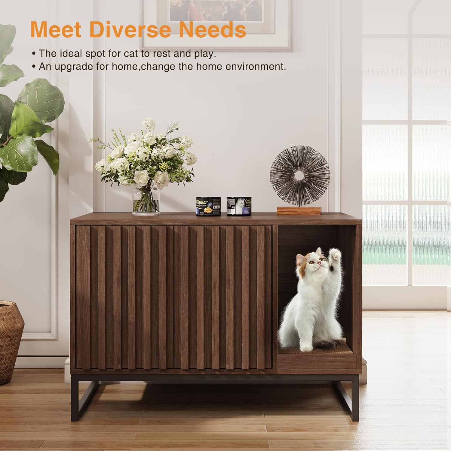 Vabches Hidden Cat Litter Box Enclosure Furniture, Multi-Functional Cat Washroom Bench with Cat Scratching Pad and Fluted Doors