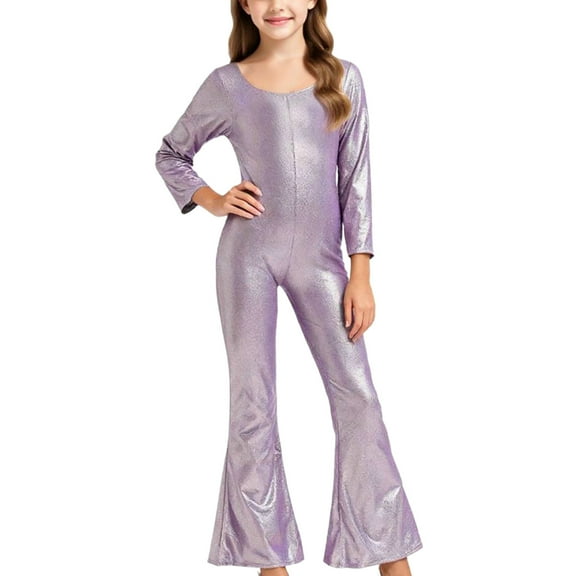 ZQUUVOU Girl's Kids Sequined Jumpsuit Long Sleeve Bell Bottom Pants Solid Color Birthday Party Performance Stage Purple