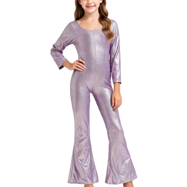 Mono para niños de color sólido con lentejuelas elegantes para fiestas de baile, actuaciones escolares, mangas largas, cuello redondo, pantalones acampanados, ropa combinada para fiestas y festivales,