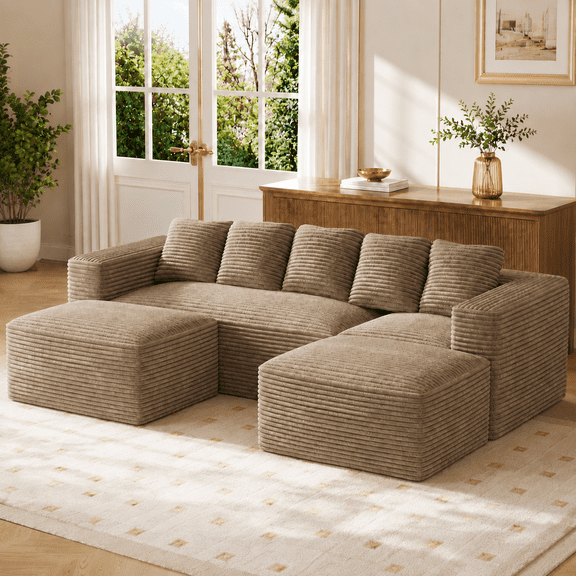 Wiilayok 105" Modular Sectional Sofa with 2 Movable Ottomans, U Shaped Couch 3-Seat Corduroy Cloud Sofa for Living Room, Brown
