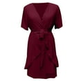 thumbnail image 4 of Bigersell Women's formal Dresses Ladies V-neck Solid Color Chiffon Elastic Waist Ruffled Short Sleeve Dress Princess Dress Up Clothes for Little Girls Women's Plus Maxi Dresses, Style 37453, Wine XXL, 4 of 6