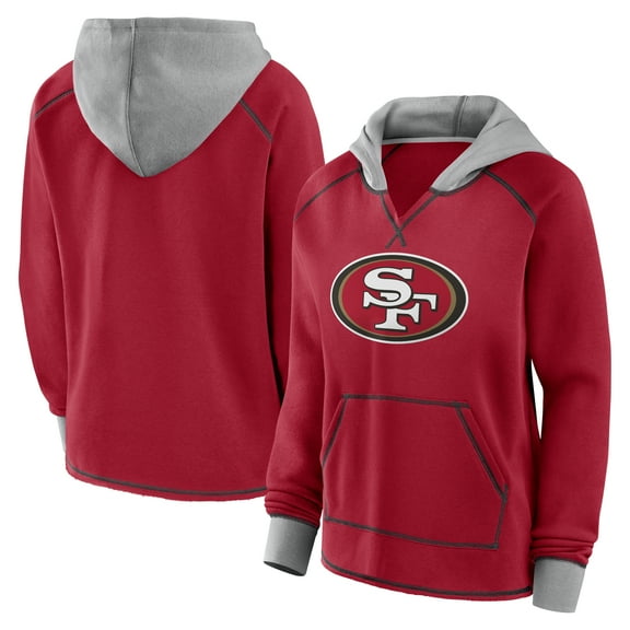 Women's Logo Athletic Scarlet San Francisco 49ers Boom Fleece Pullover V-Neck Hoodie