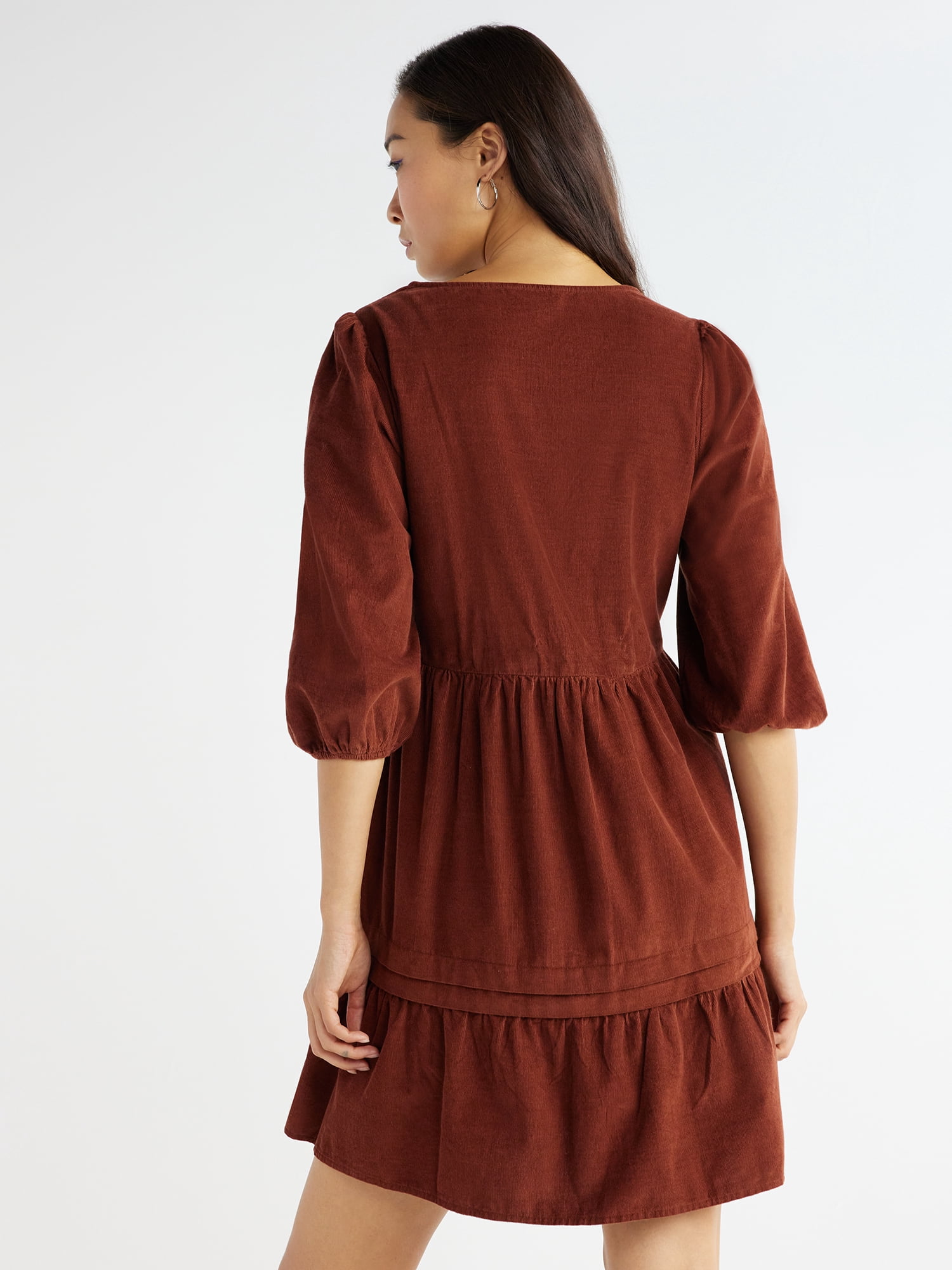 Time and Tru Women's Corduroy Dress with 3/4-Length Sleeves, Sizes XS-XXXL