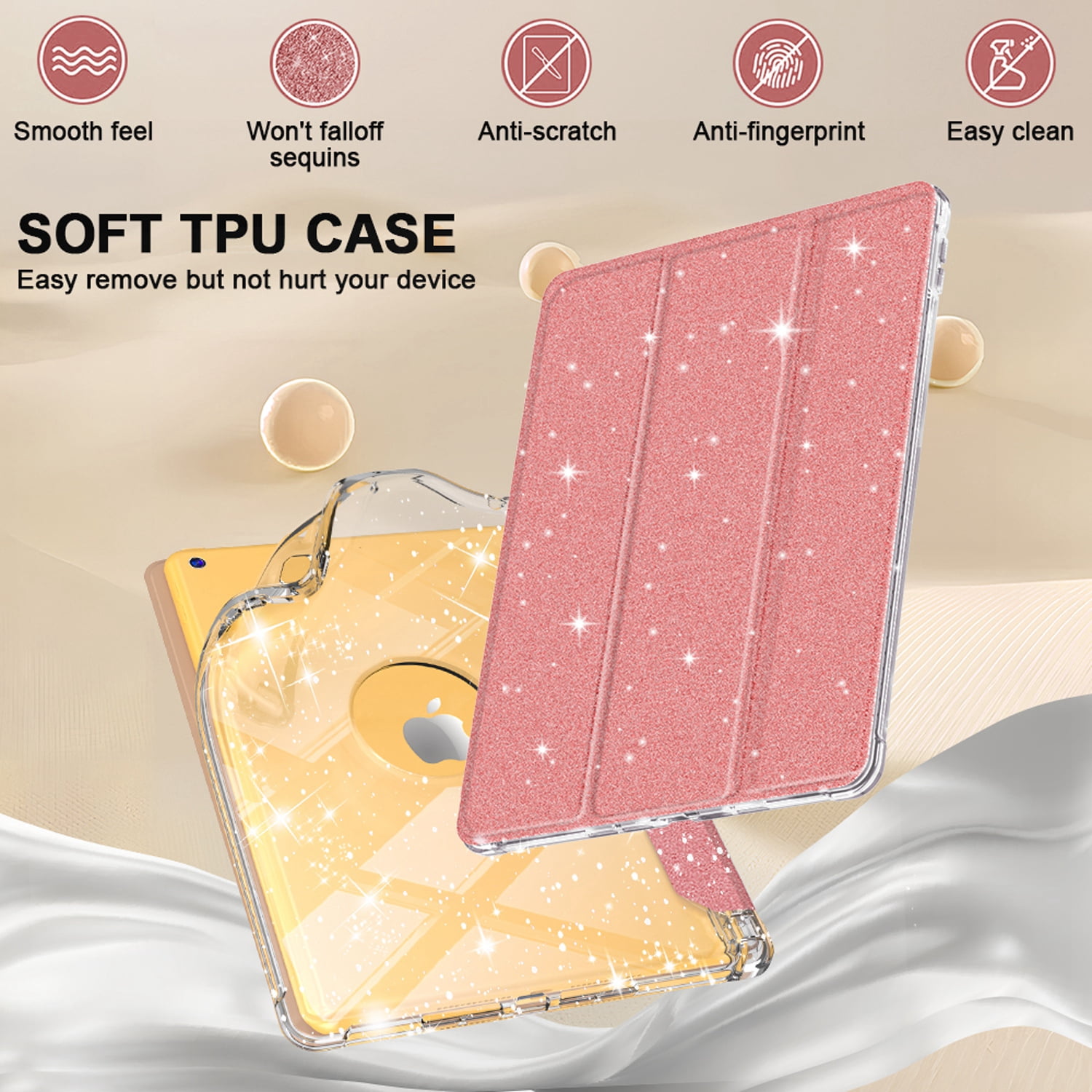 Decase Compatible with Apple iPad 10.2 inch 2021/2020/2019,Sparkle Cute Case,Glitter Cover with Sparkly Clear Back,Pencil Holder, Fits for iPad 7th/8th/9th Gen Case 10.2 inch for Kids Girls,Rosegold