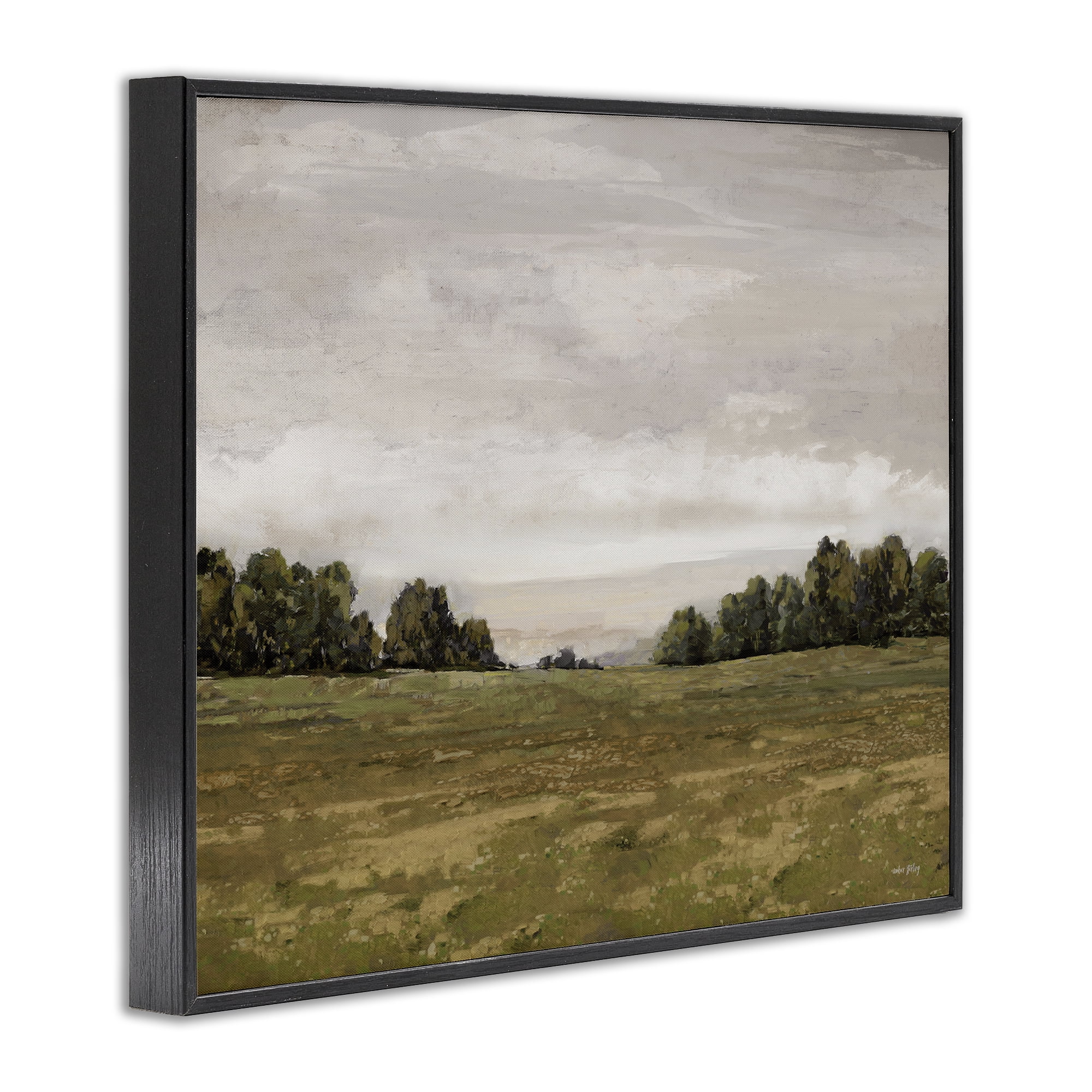 Stupell Industries Distant Trees Grassland Landscape Painting Black Framed Art Print Wall Art, 30 x 24