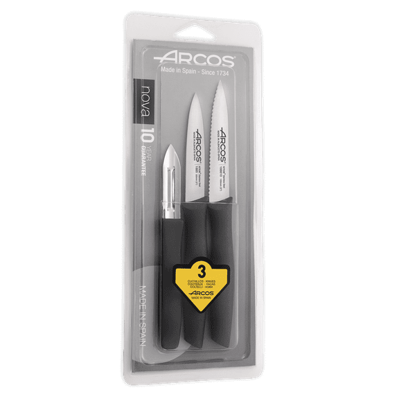 ARCOS 3pc Paring Knife Set, Stainless Steel, Ergonomic Handle, Nova Series, Black