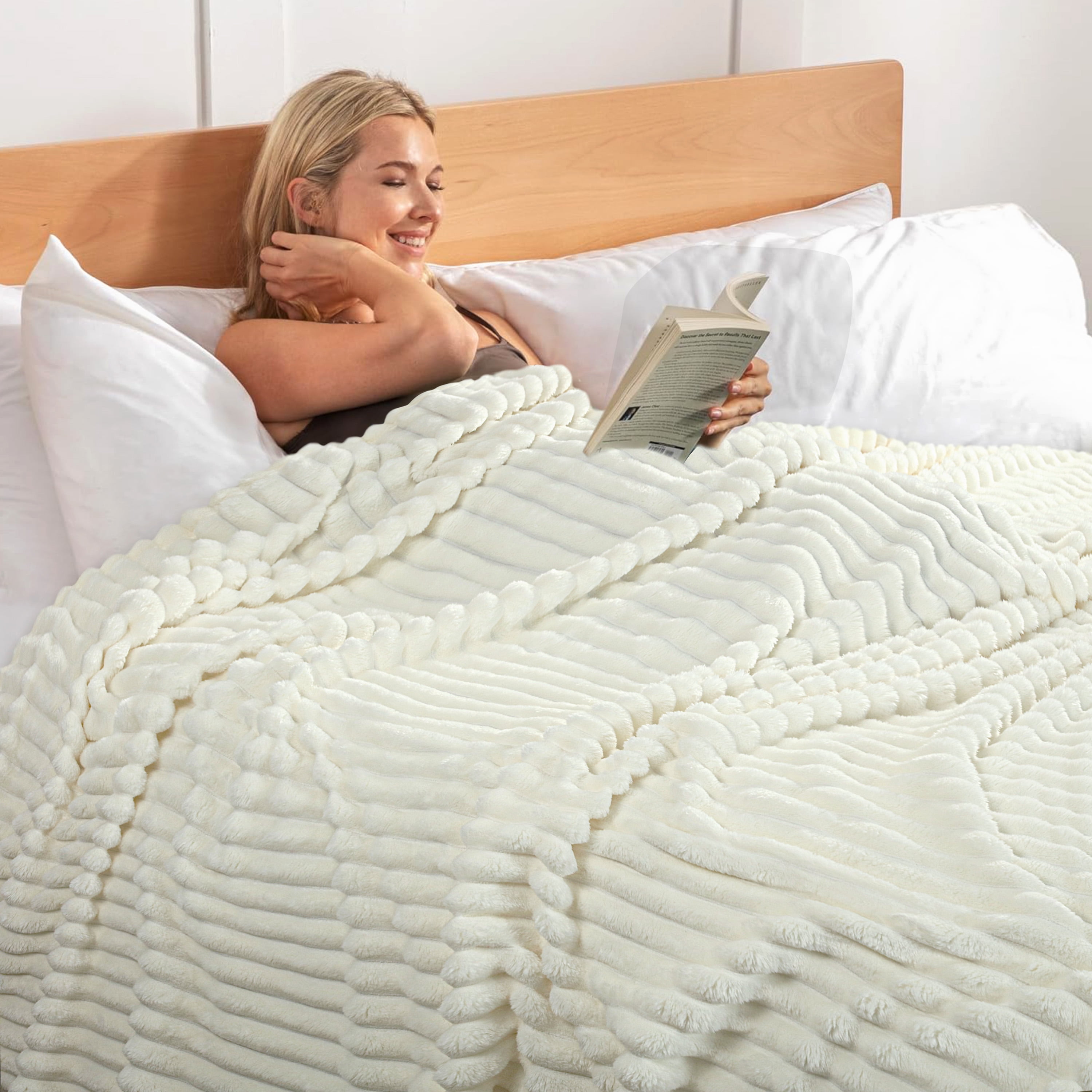 Fleece Blanket Queen Size 90" x 100" - 400GSM Oversized Soft Throw Blanket, Lightweight with Stripes Design Winter Blanket for Bed Sofa Couch
