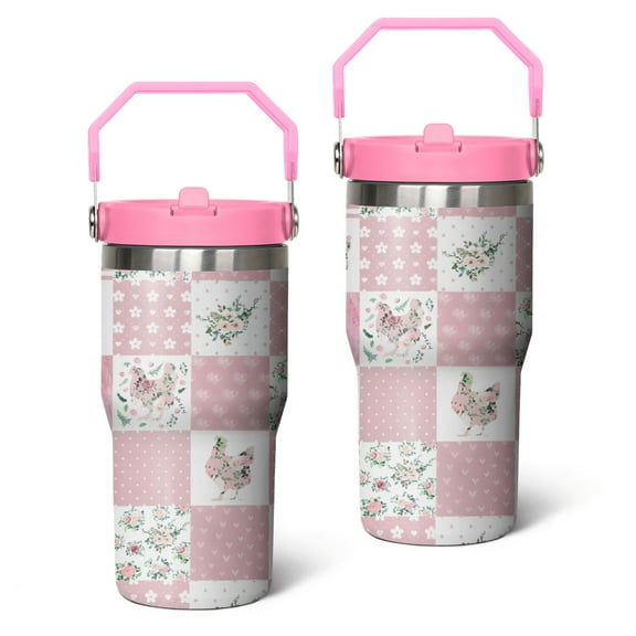 20oz Pioneer Stainless Steel Tumbler with Top Handle,Colorful Floral Travel Coffee Mug Flip Straw Cup,Gifts for Women Girls Men Adults（pink）