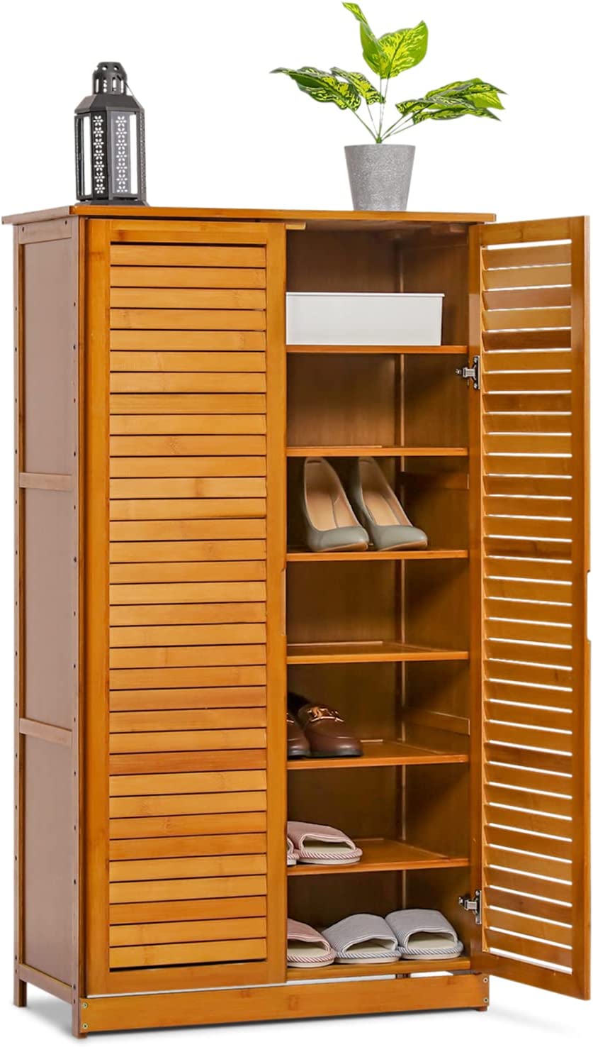 特別価格MoNiBloom Tall Shoe Storage Cabinet with Double Shutter Doors, Bamboo Shelf Stand Organizer Rack for 21-25 Pairs Entryway Hallway Bedr並行輸入