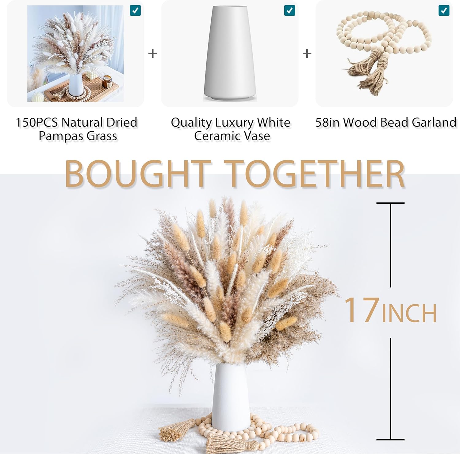 150PCS Natural Dried Pampas Grass Bouquet, Phragmites Dried Flowers Boho Home Decor for Wedding Floral Arrangements & Living Room Decorations