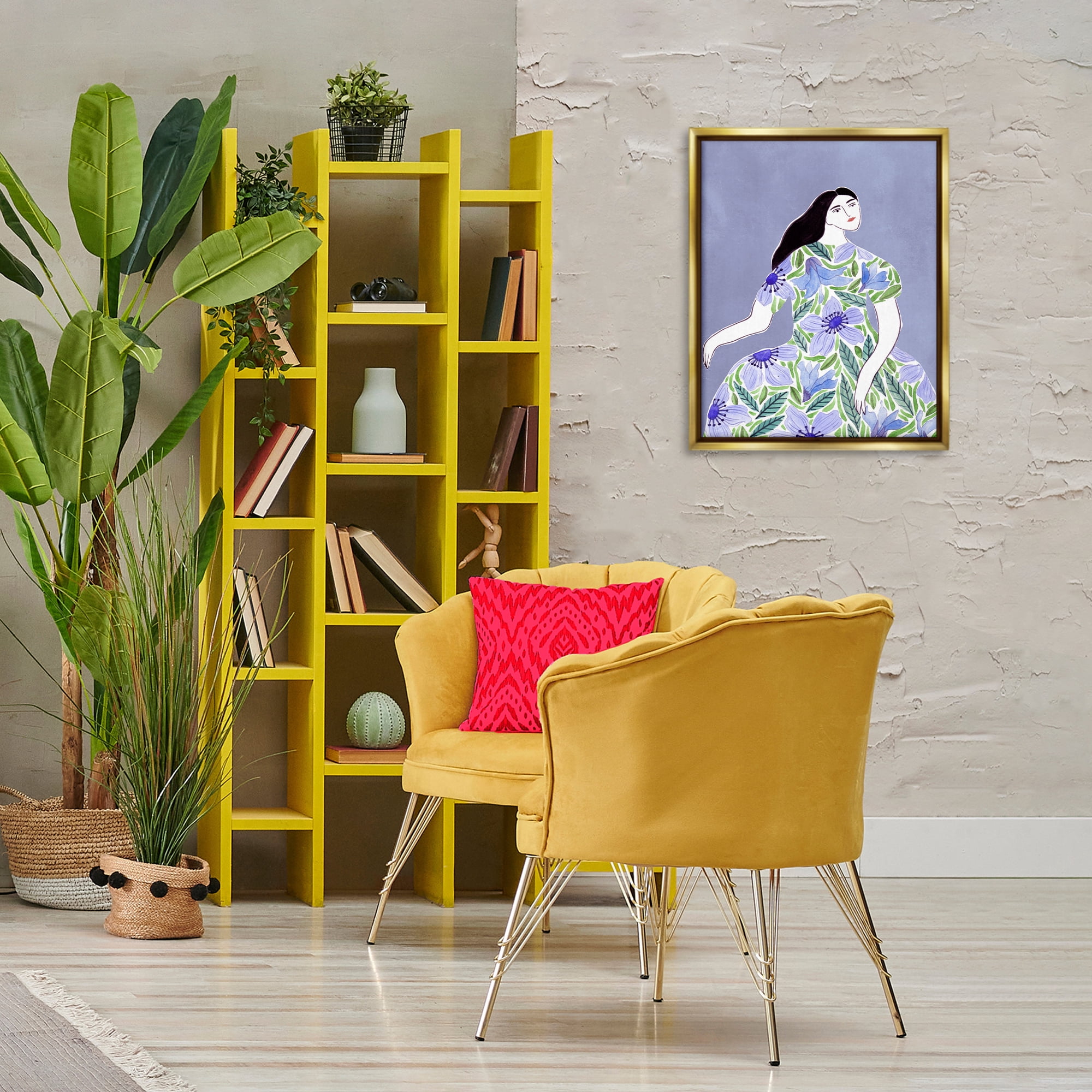 Stupell Industries Woman in Blue Floral Gown People Painting Gold Floater Framed Canvas Art Print Wall Art, 17 x 21