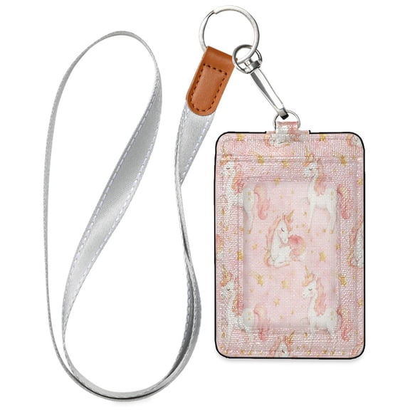 PU Leather Badge Holder Lightweight ID Card Holder with Window Pocket Star and Unicorn Pattern