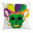 thumbnail image 1 of Mardi Gras Throw Pillow Cushion Cover, Scary Looking Green Skull Mask with Carnival Hat Beads and Earring Cartoon Style, Decorative Square Accent Pillow Case, 18 X 18 Inches, Multicolor, by Ambesonne, 1 of 2