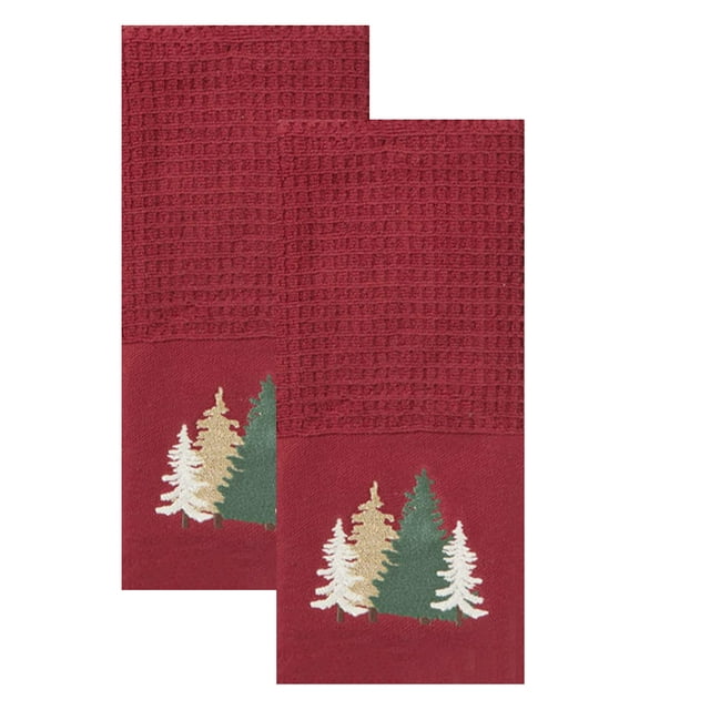 Broyhill Kitchen Towels Set of 2, Christmas Trees, Cotton, 18 x 28, Red