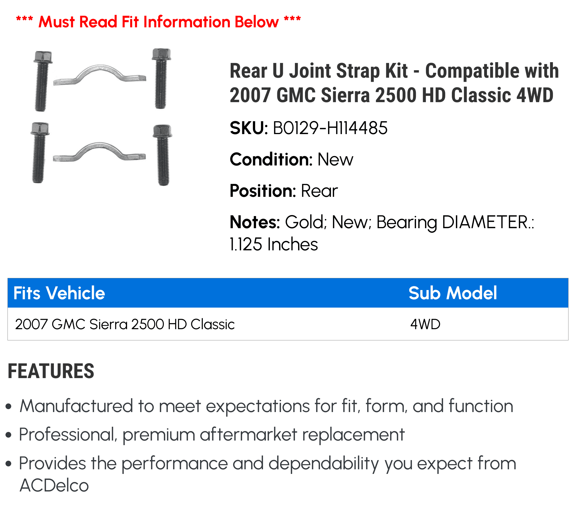 Rear U Joint Strap Kit - Compatible with 2007 GMC Sierra 2500 HD Classic 4WD