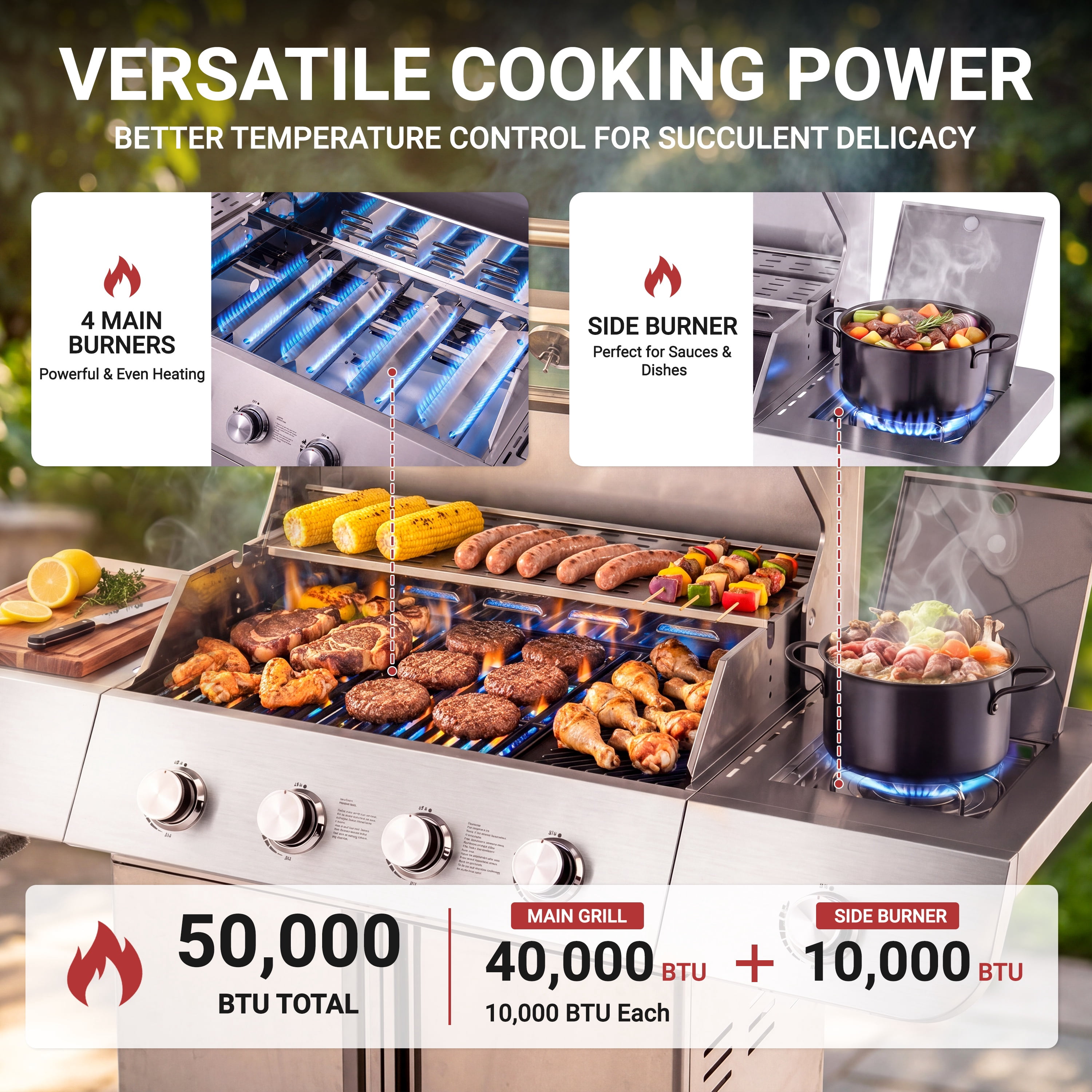 4-Burner Gas Grill and Griddle Combo with Side Burner, 50,000 BTU Propane BBQ Grill with Porcelain-Enameled Cast Iron Grates, Built-in Thermometer, Ideal for Patio Camping Outdoor Cooking