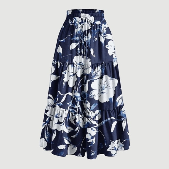 Rciityk Boho Maxi Skirts for Women Elastic High Waist Drawstring A-Line Long Skirt with Pockets Casual Summer Skirt