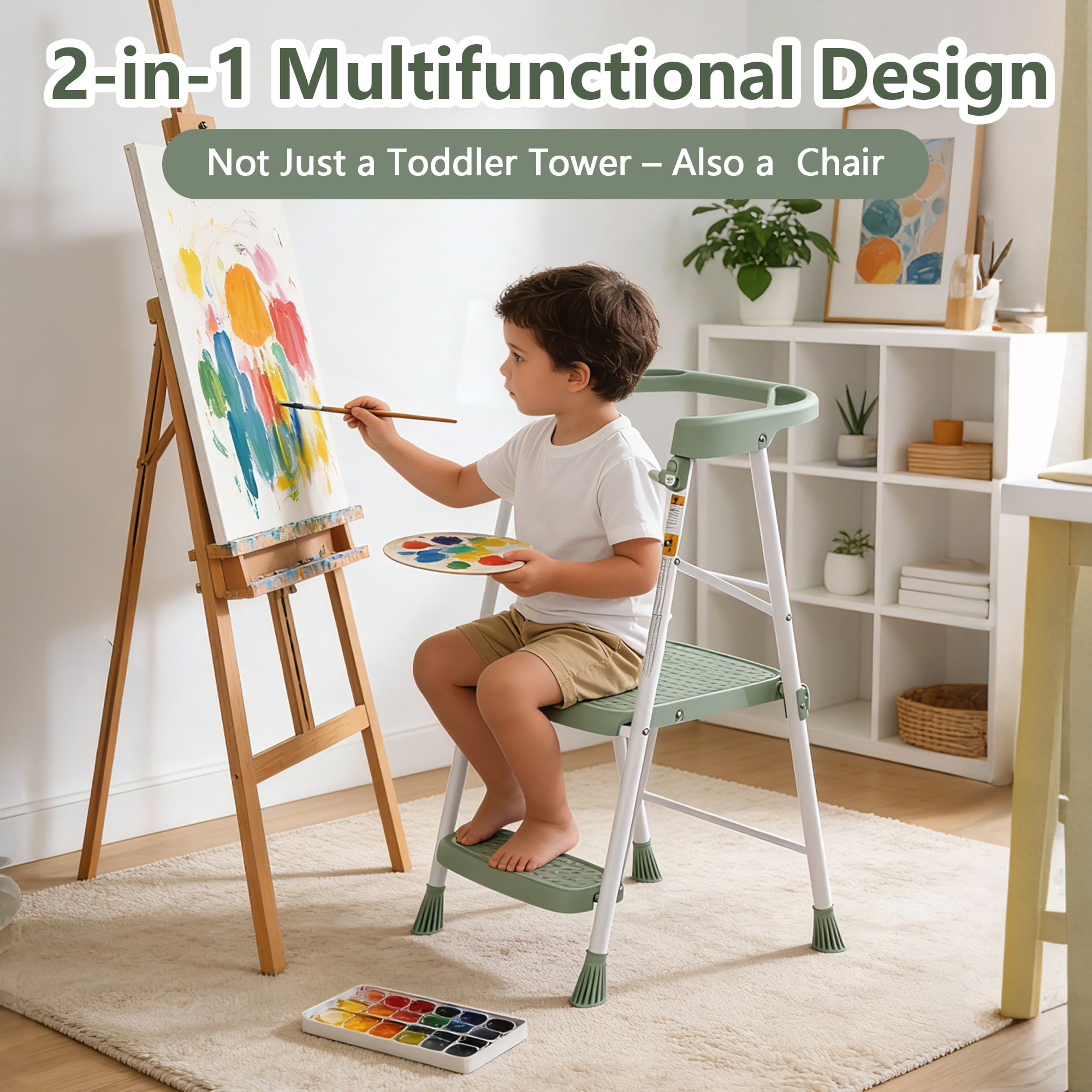 LevLad Toddler Kitchen Step Stool Helper for Kids, Foldable Learning Standing Tower for Kitchen Counter, Bathroom, Green